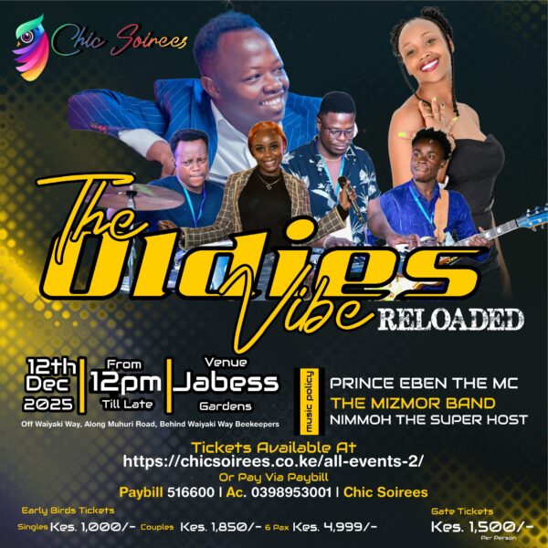 Colourful poster for Oldies Vibe Reloaded concert on 12 Dec 2025 at The Gardens, Nairobi, featuring The Mizmor Band, Prince Eben MC and Nimmoh the Super Host, with ticket prices and Paybill details