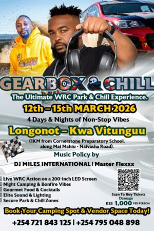 Experience WRC 2026 at Gearbox & Chill, Longonot! 4 days of camping, DJ Miles Int’l, and live rally action on a 200” screen. Book your spot for Kes. 1000!