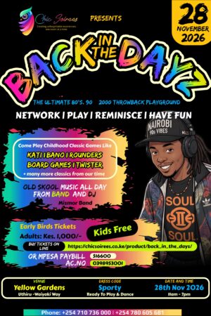 Updated event poster for Back In The Dayz on 28th November 2026 at Yellow Gardens featuring live music from The Authentic Sound of The Mizmor Band, DJ, and classic childhood games.